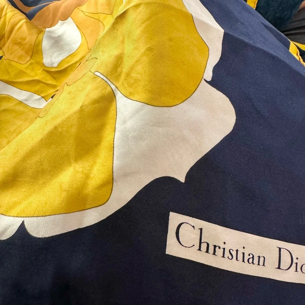 Vintage Christian Dior Square Silk Scarf Navy Blue, Yellow & White 32